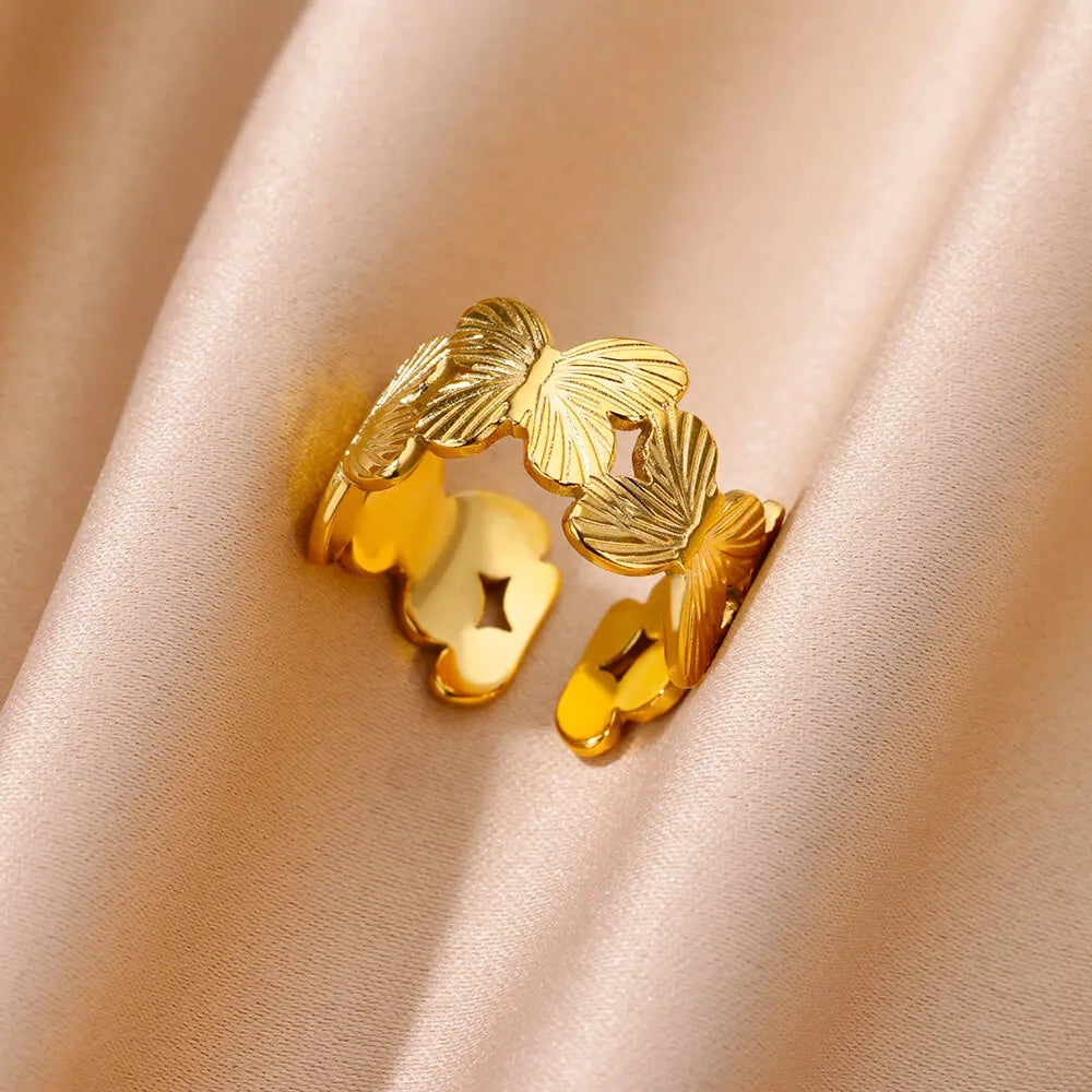 Stainless Steel Flower Rings for Women Gold Color Shell Starfish Multi Layer Hollow Out Ring Fashion Charm Jewelry Wedding Gifts Vera Lux