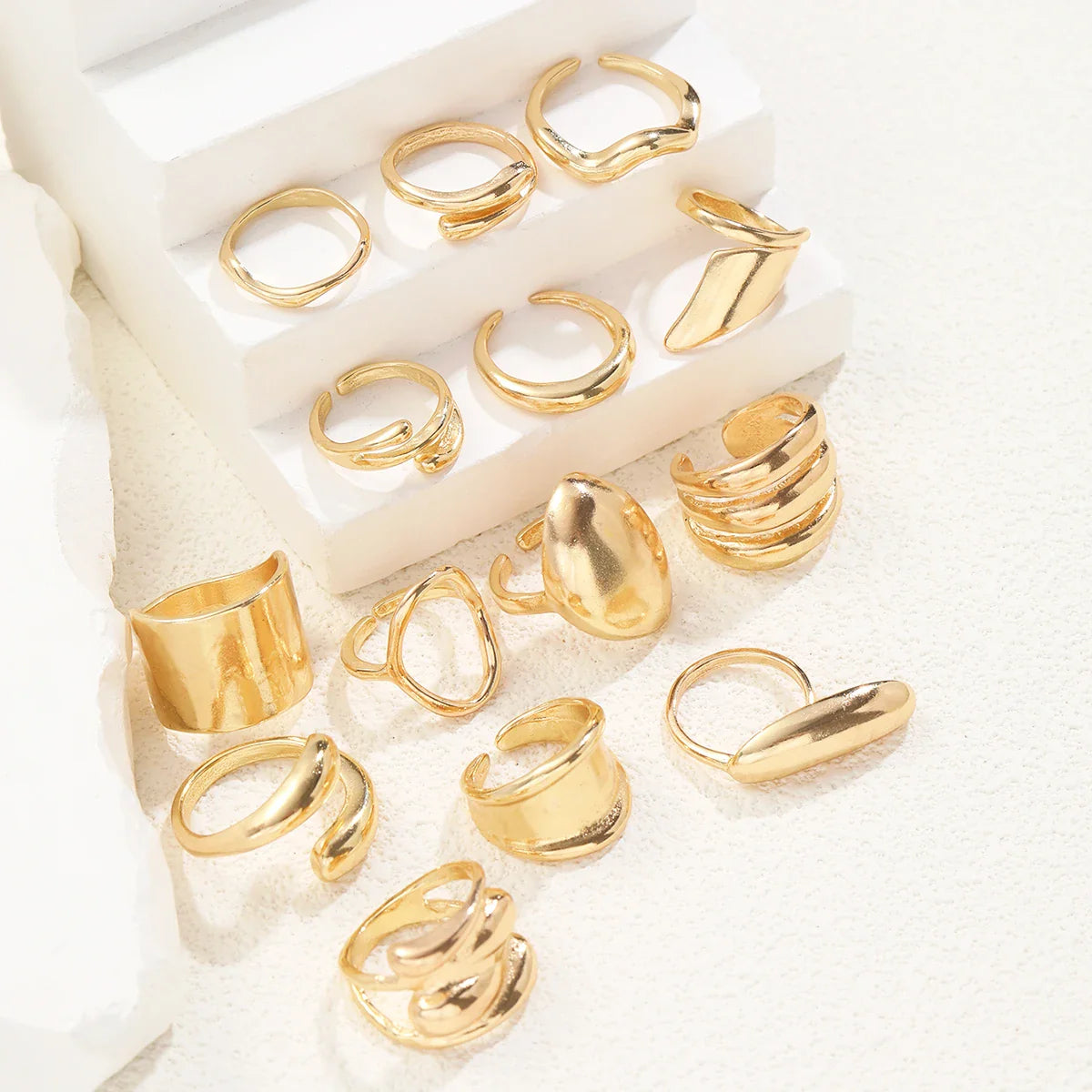 14Pcs/Set Vintage Smooth Open Rings Set for Women Geometric Creative Irregular Gold Color Finger Rings Trendy Daily Jewelry Gift Vera Lux