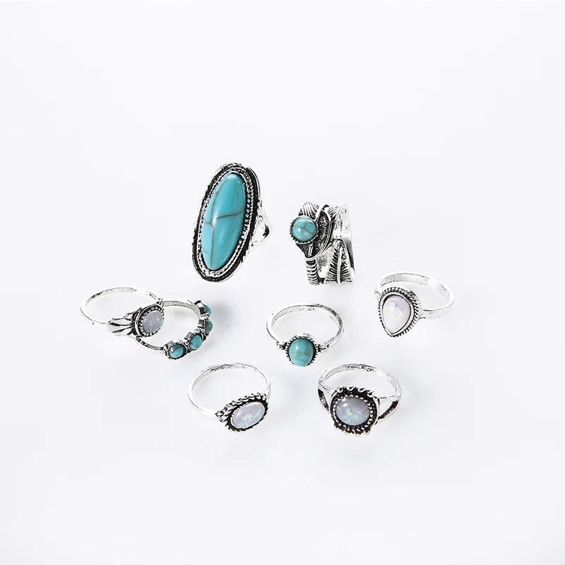 8Pcs/Set Rings Set Fashion Casual New Retro Set With Turquoise Carved Feather Ring Set High-grade Jewelry Vera Lux