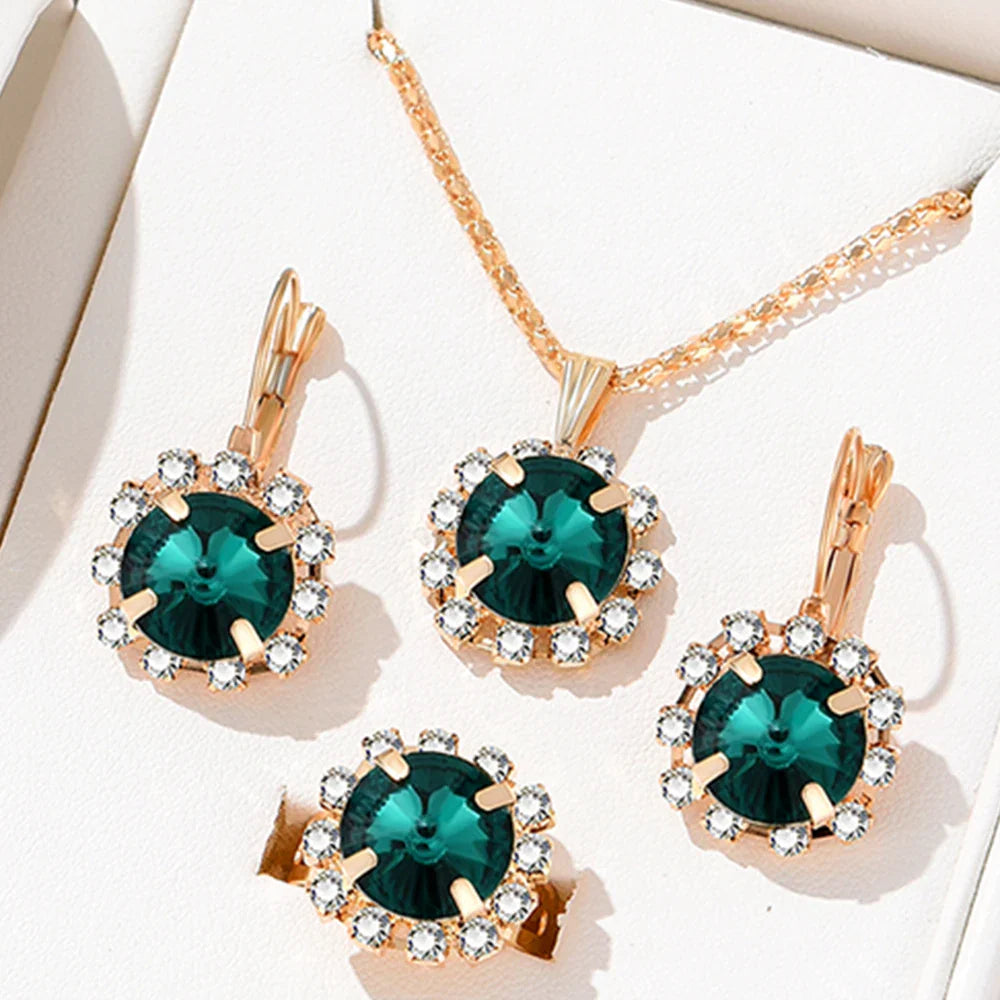 5 Piece Set Women Fashionable Temperament Circular Green Crystal Necklace Bracelet Earring Ring Combination Versatile Exquisite Vera Lux