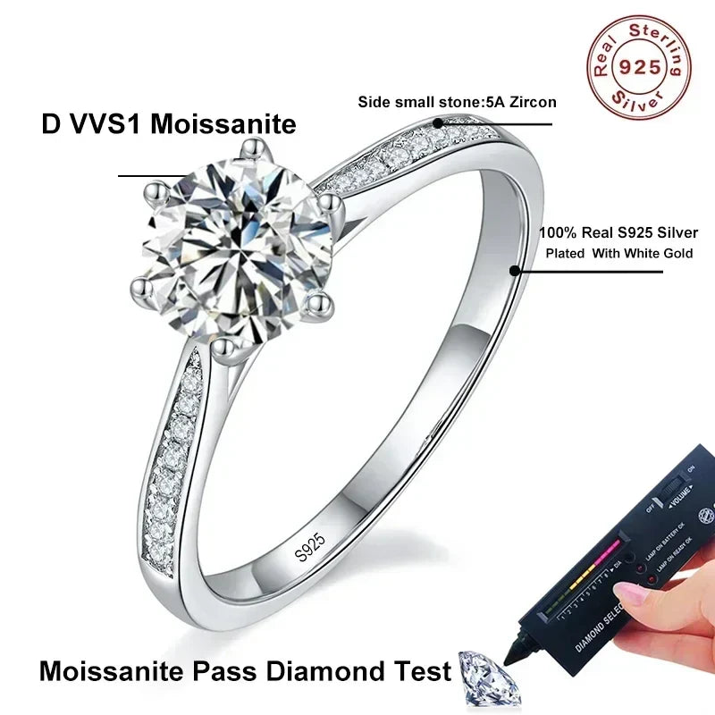 NeeTim 0.5-2ct Moissanite Wedding Ring for Women Sterling Silver Round Brilliant Diamond Solitaire Engagement Rings Certified Vera Lux