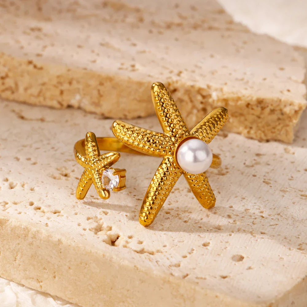 2025 Freshwater Anillos Stainless Steel Pearl Starfish Shell Rings For Women Punk Gold Color Vintage Waterproof Beach Jewelry Vera Lux