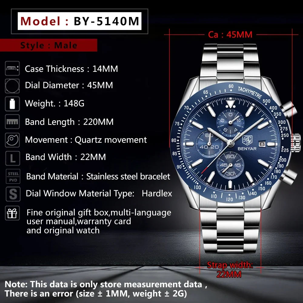 Men Watch BENYAR Top Brand Luxury Full Steel Business Quartz Watch Men Casual Waterproof Sports Watches Clock Relogio Masculino Vera Lux