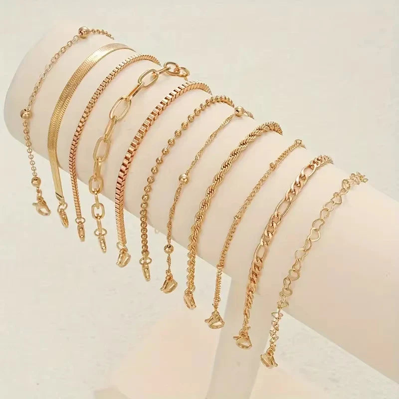 11pcs Chic Snake Chain Bracelet Set for Women Boho Simple Elegant Heart Geometric Chain Vacation Date Casual Jewelry Gifts Vera Lux