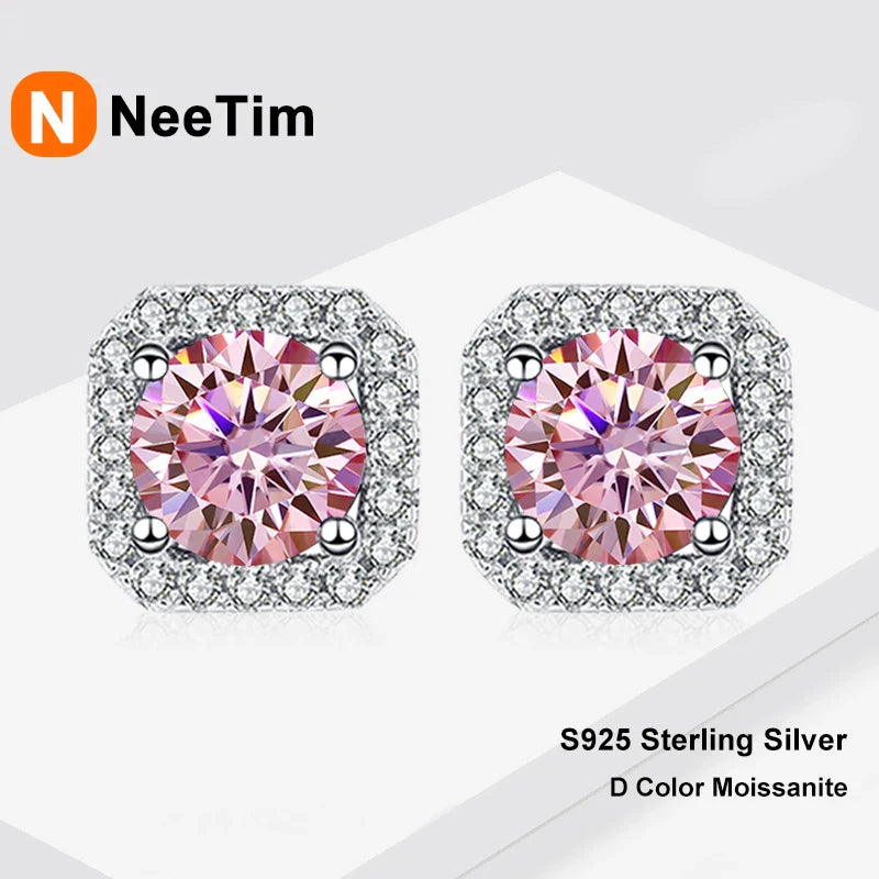 NeeTim 0.5ct 1ct Pink Moissanite Studs Earrings for Women 925 Sterling Silver Black Blue Grey Sparkling Lab Diamond Stud Earring Vera Lux