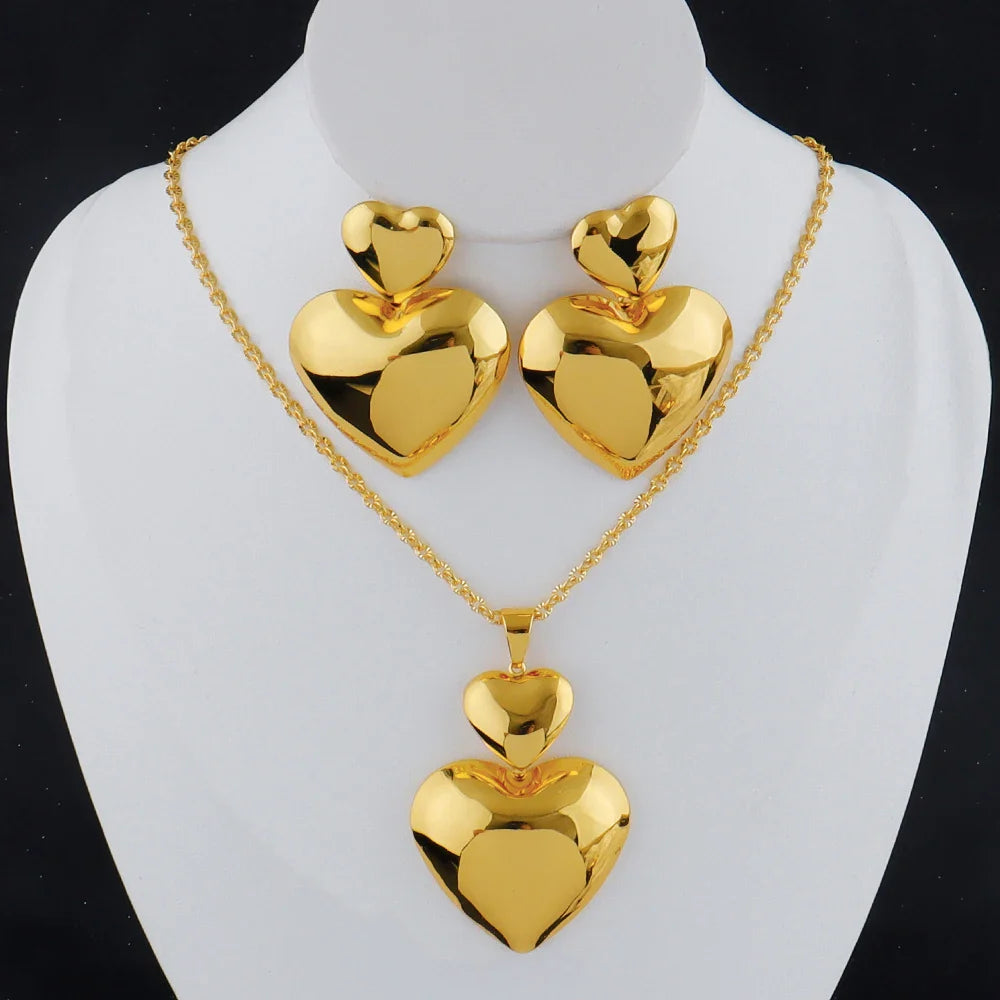 Gold Color Heart Shape Metal Pendant Earrings Sets 24K Gold Plated Simple Fashion Love Collarbone Chain Exquisite Holiday Gifts Vera Lux