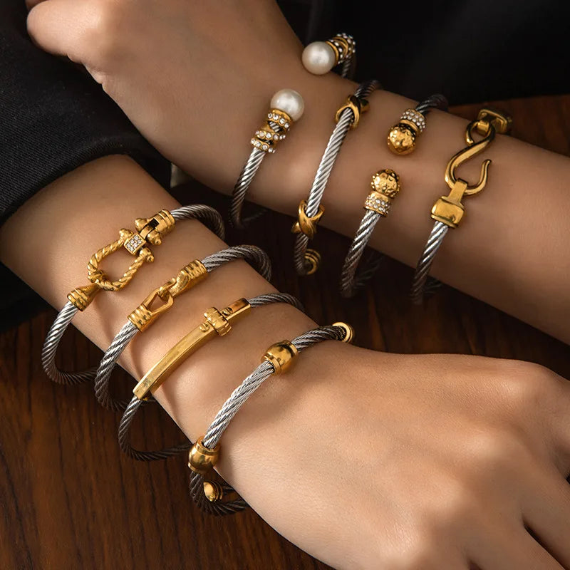 1pcs Stainless Steel Gold-plated Bangle Trendy Retro Hip-hop Style Bracelet Fried Dough Twists Steel Wire Rope Colorfast Bangle Vera Lux