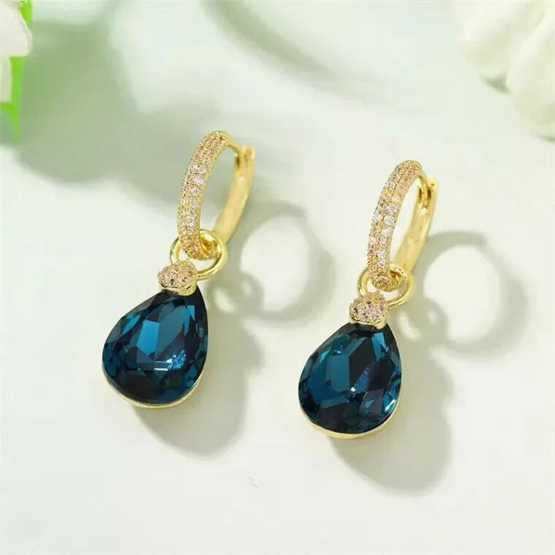 Exquisite Blue Drop-shaped Crystal Pendant Earrings For Women Fashion Personalized Daily Accessories Party Jewelry Birthday Gift Vera Lux