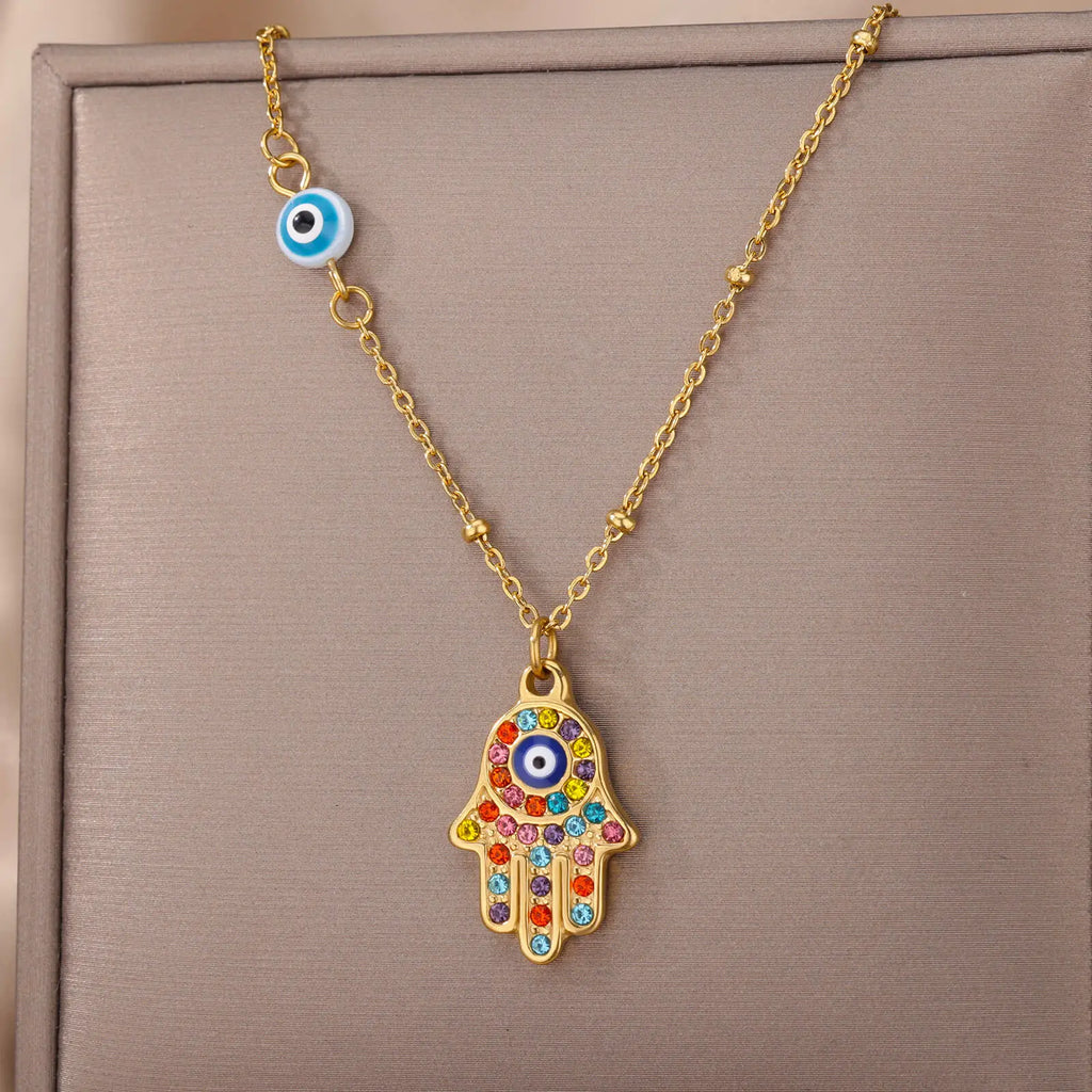Zircon Evil Eye Pendant Necklace For Women Stainless Steel Turkish Eye Fatima Hand Chain Choker Collar Goth Jewelry onlyfans Vera Lux
