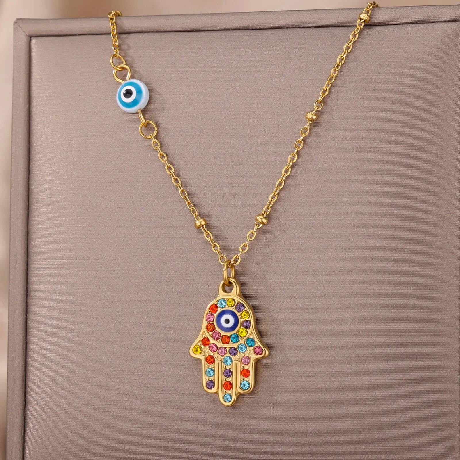 Zircon Evil Eye Pendant Necklace For Women Stainless Steel Turkish Eye Fatima Hand Chain Choker Collar Goth Jewelry onlyfans Vera Lux