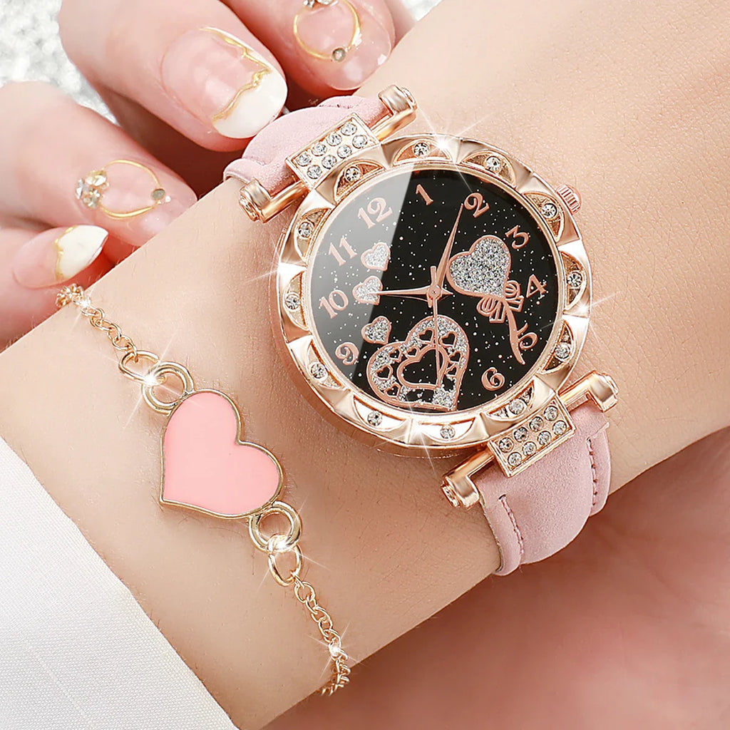 4PCS/Set Women's Watches Fashion Rhinestone Ladies Quartz Watch Leather Band Wristwatches Bracelets Set（Without Box） Vera Lux
