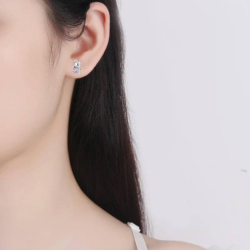 925 Sterling Silver Adorable Bear Ear Studs Screw-On Ear Plugs Stylish Ear Jewelry Exquisite Gift Vera Lux