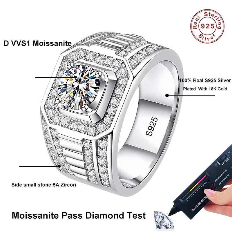 NeeTim Moissanite Ring For Men Sterling Silver Platinum Plated Ring Lab Diamond Men's Rings Man Wedding Band Fine Jewelry Vera Lux