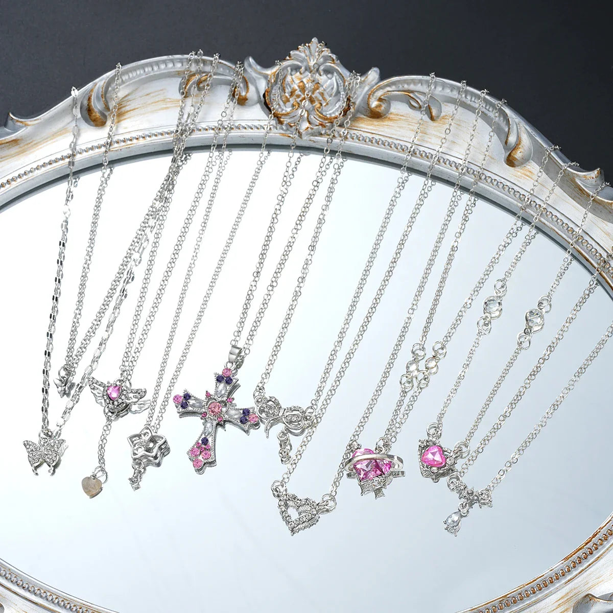 9 Pcs Women's Elegant Zircon Pendants Necklace Set Fashion Pink Color Cross Butterfly Heart Bowknot Necklaces Party Jewelry Gift Vera Lux
