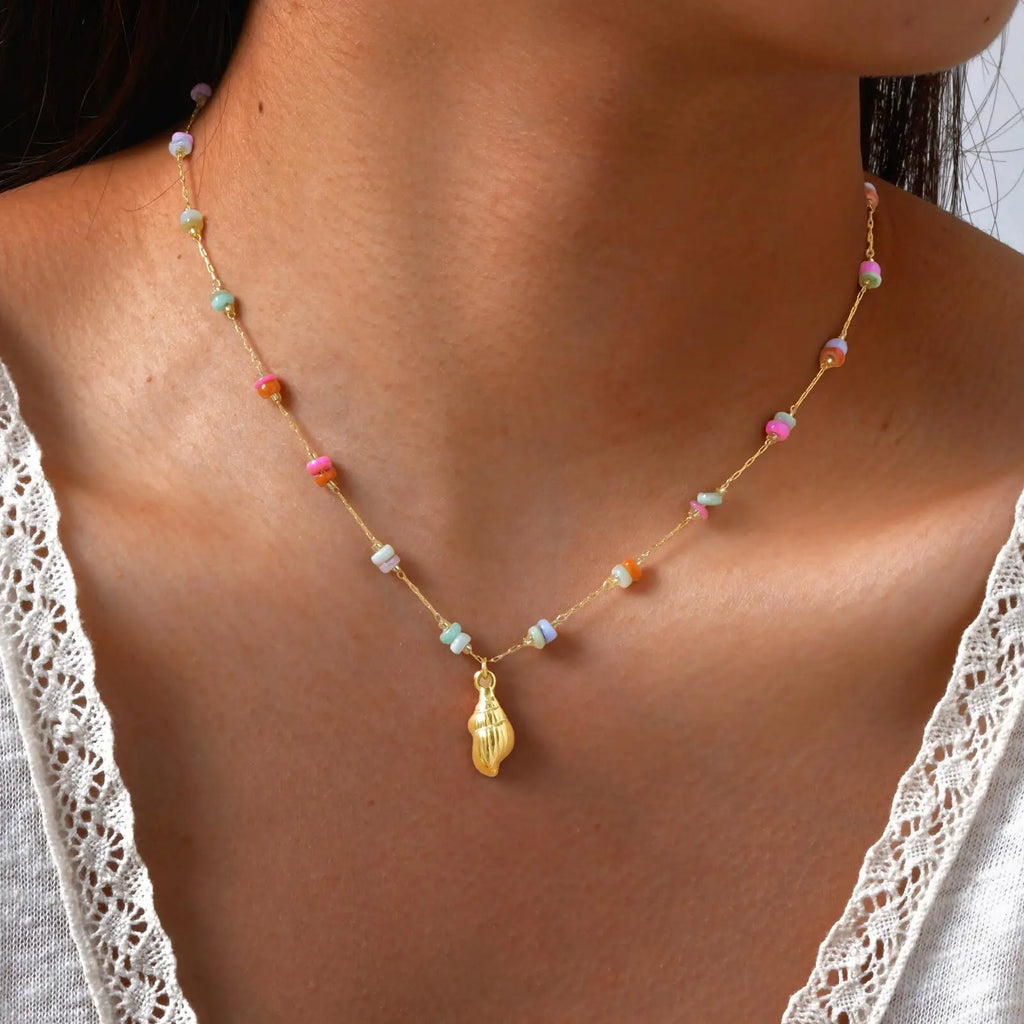 18k Gold Plated Pearl Shell Conch Starfish Summer Beach Necklace, Charms Necklace for Women,Stainless Steel Waterproof Jewelry Vera Lux