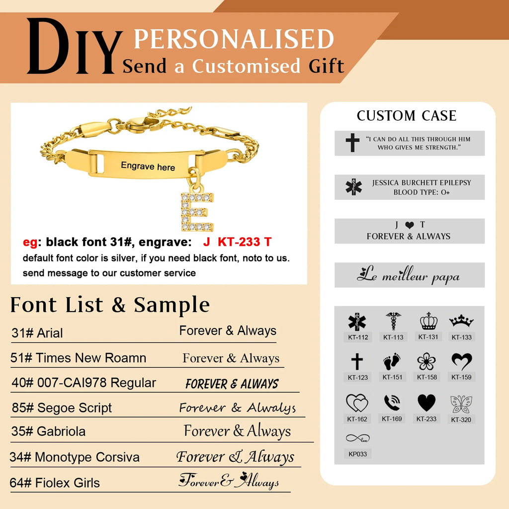 Personalized Name Bracelet With Initials for Boy Girl, Free Engraving Date ID Wristband Birthday Gift Vera Lux