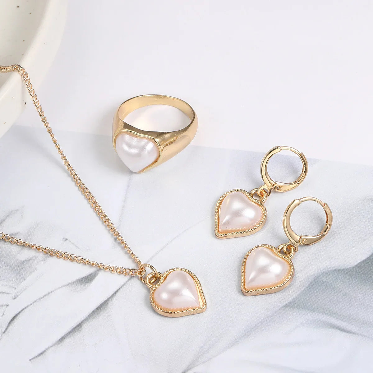 Fashion 3-piece Set Pearl Jewelry Set for Women Korean Heart Ring Pendant Necklace Hoop Earrings Set Trendy Elegant Wedding Gift Vera Lux