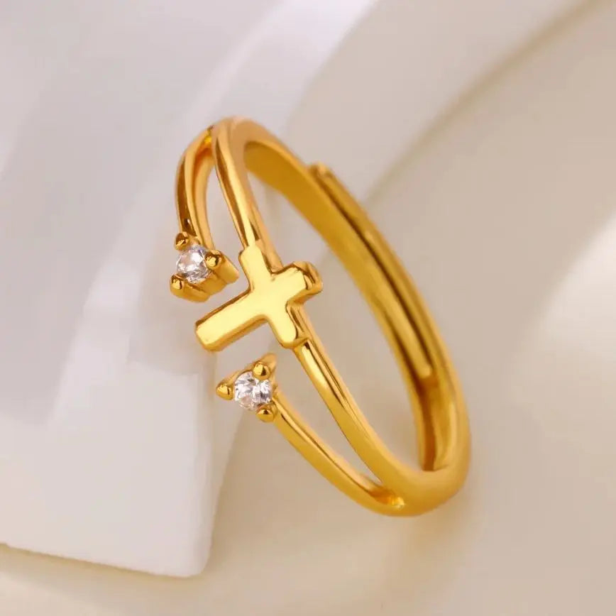 Zircon Cross Rings For Women Gold Color Stainless Steel Crystal Cross Adjustable Ring Religious Wedding Christmas Jewelry Gift Vera Lux