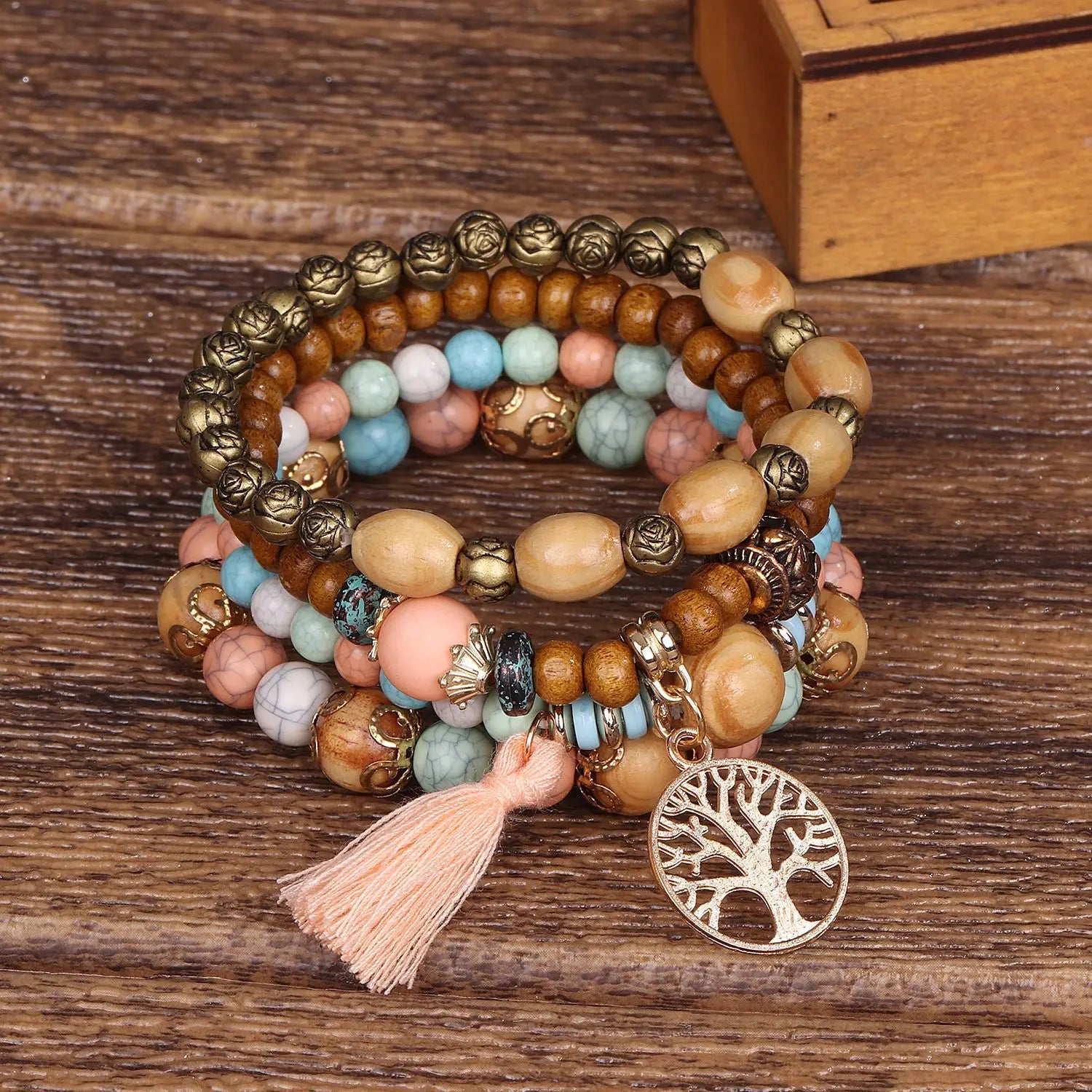 4Pcs Bohemia Tree Of Life Charm Beaded Bracelet Set For Women Handmade Wood Beads Chain Bangle Female Boho Jewelry Vera Lux