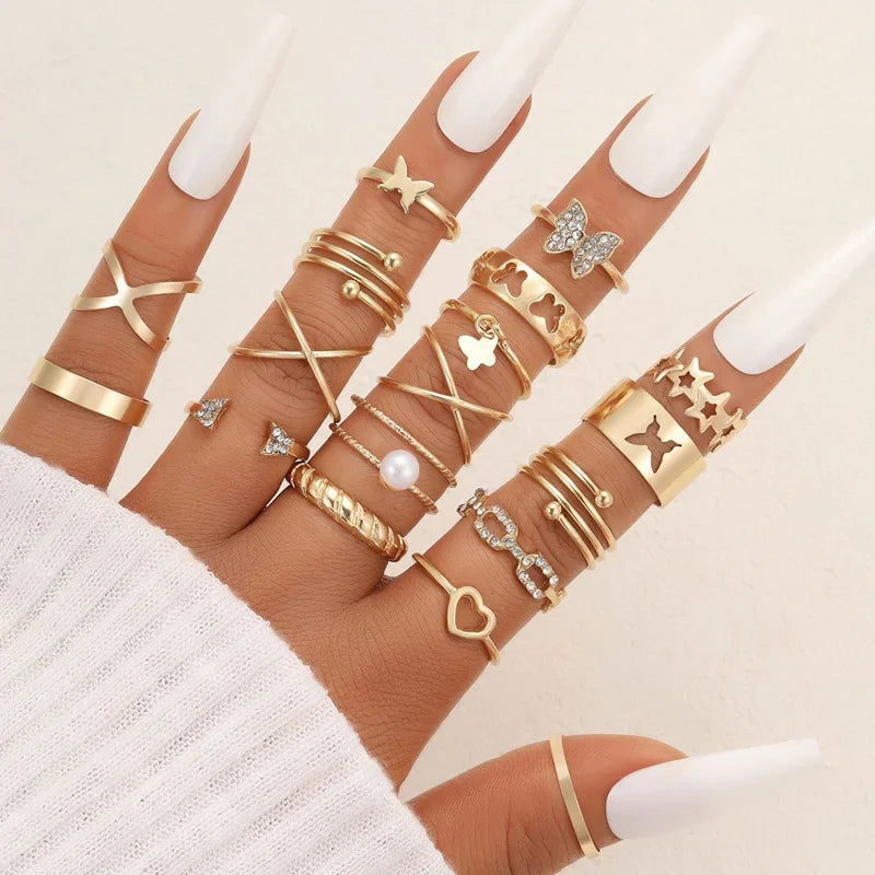 58 Pcs/Set Gold Color Rings Set For Women Men Vintage Hollow Butterfly Pearl Heart Crystal Geometric Rings Trendy Finger Jewelry Vera Lux