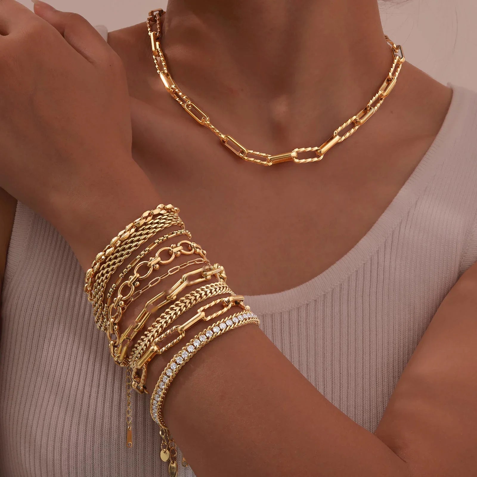 Women Stainless Steel Chain Bracelet,18K Gold Plated Twist Paperclip Adjustable Link Bracelet,Chunky Stackable Layered Jewelry Vera Lux
