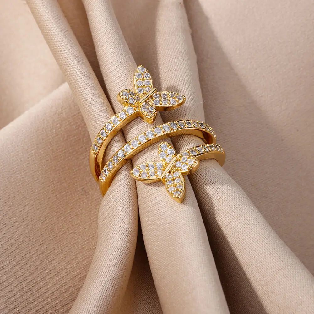 Zircon Double Butterfly Rings For Women Stainless Steel Gold Color Open Multilayer Ring Fashion Wedding Party Jewelry 2024 New Vera Lux