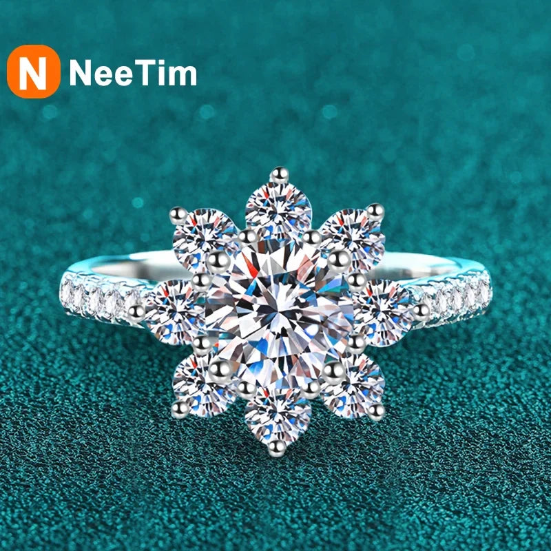 NeeTim 1ct 2ct Moissanite Eternity Ring 925 Sterling Silver with Gold Plated Wedding Flower Lab Diamond Rings For Women Jewelry Vera Lux