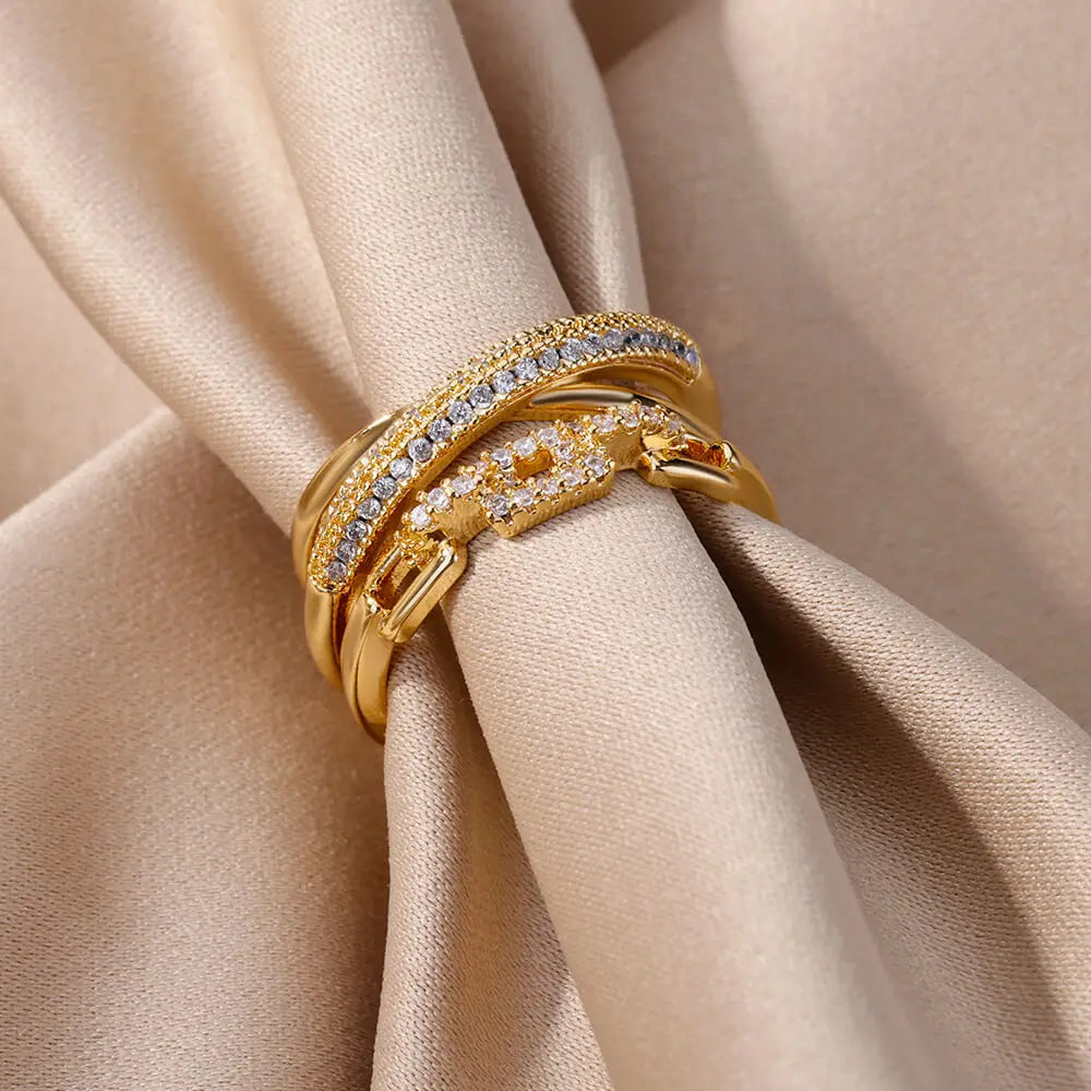 Zircon Twist Chain Open Rings For Women Stainless Steel Geometric Twist Wrapped Adjustable Ring Wedding Aesthetic Jewelry Gift Vera Lux