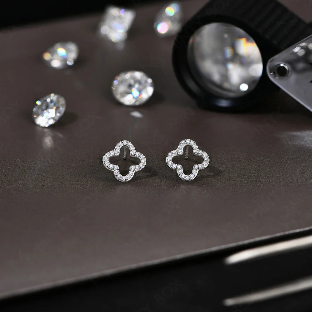 MINTYBOX S925 Sterling Silver Moissanite Diamond Stud Earrings for Women Clover 18k White Gold Plated Flower Wedding Fine Jewelr Vera Lux