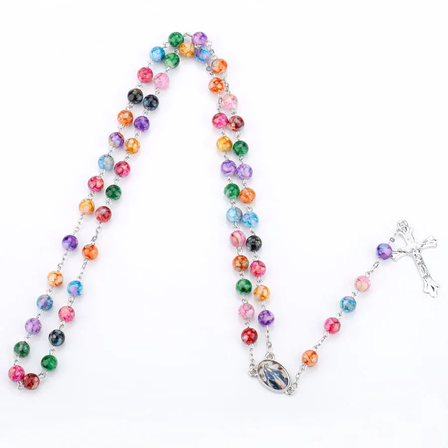 Religion Rosary Prayer Necklace For Women Virgin Mary INRI Cross Pendant Colorful Acrylic Beads Chain Christian Party Jewelry Vera Lux