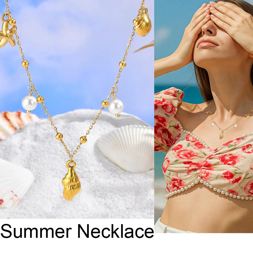 18k Gold Plated Pearl Shell Conch Starfish Summer Beach Necklace, Charms Necklace for Women,Stainless Steel Waterproof Jewelry Vera Lux