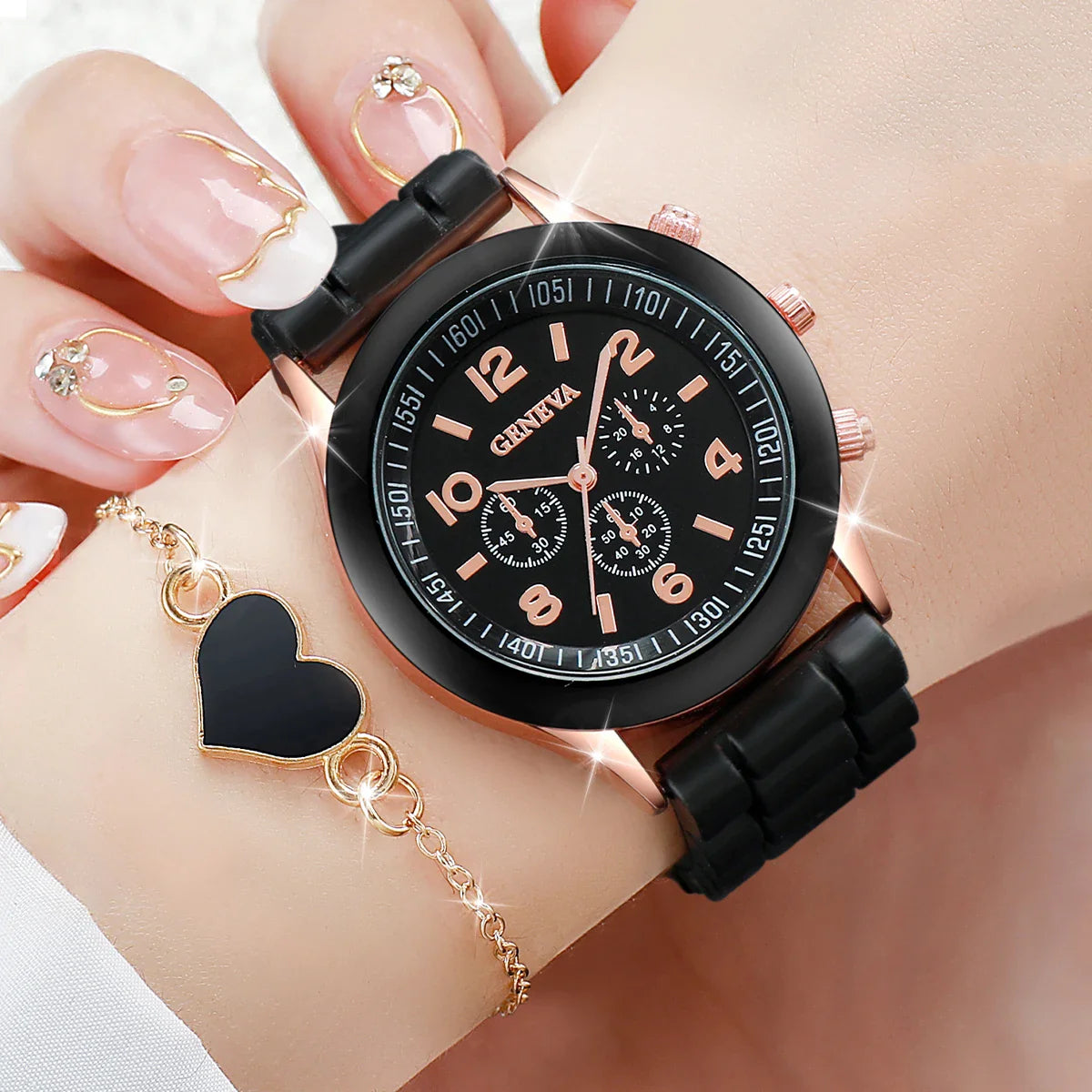 4pcs/set Geneva Watch Fashion Silicone Band Women Quartz Watches Heart Jewelry Set(Without Box) Vera Lux