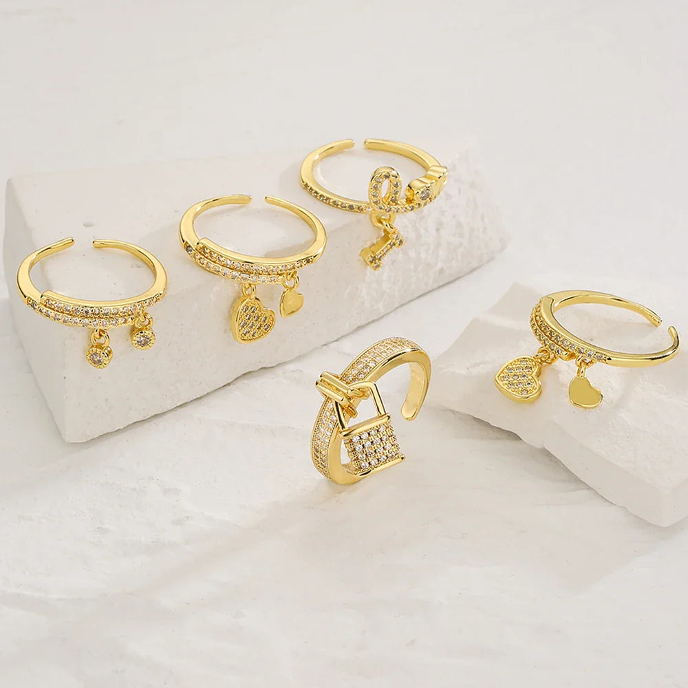 NEWBUY Unique Design Heart Lock Love Open Rings For Women Girl Gold Color High Quality Engagement Jewelry Femme Bijoux Vera Lux