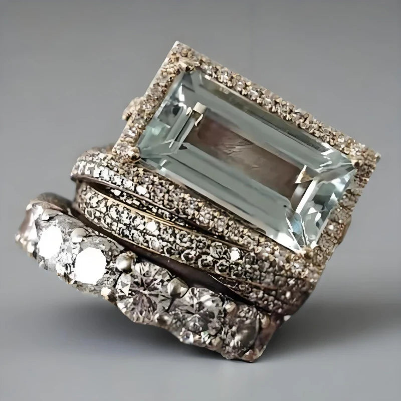 2025 New Fashion Three Piece Set Blue Square Zircon Rings For Women Party Idea Gifts Custom Jewelry Vera Lux