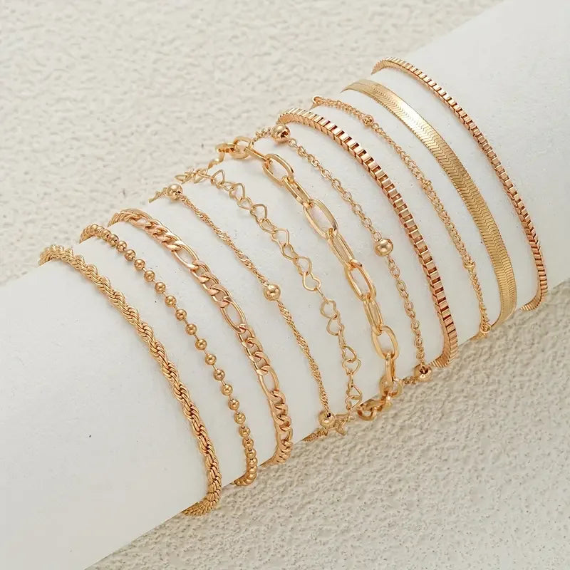 11pcs Chic Snake Chain Bracelet Set for Women Boho Simple Elegant Heart Geometric Chain Vacation Date Casual Jewelry Gifts 2025 Vera Lux