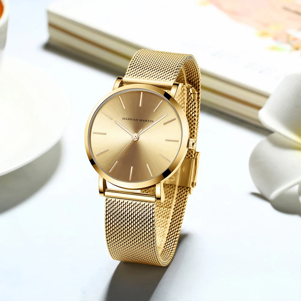 HANNAH MARTIN Brand Quality Stainless Steel Japan Quartz Movement Waterproof Women 36mm Full Rose Gold Ladies Dropshipping Watch Vera Lux