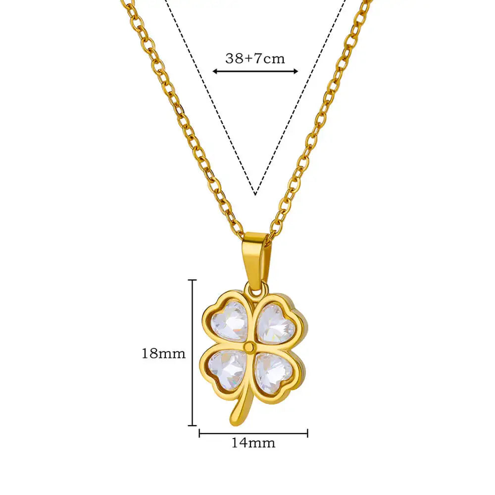 Four Leaf Clover Stainless Steel Necklaces For Women Green Zircon Gold Color Quality Jewelry Pendant Necklace Gift Free Shipping Vera Lux