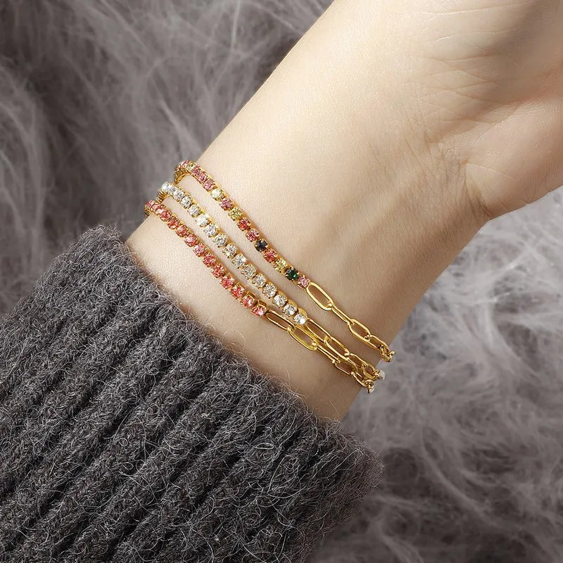2mm Thin Colorful CZ Stainless Steel Stackable Chain Bracelet for Women Girl Vera Lux