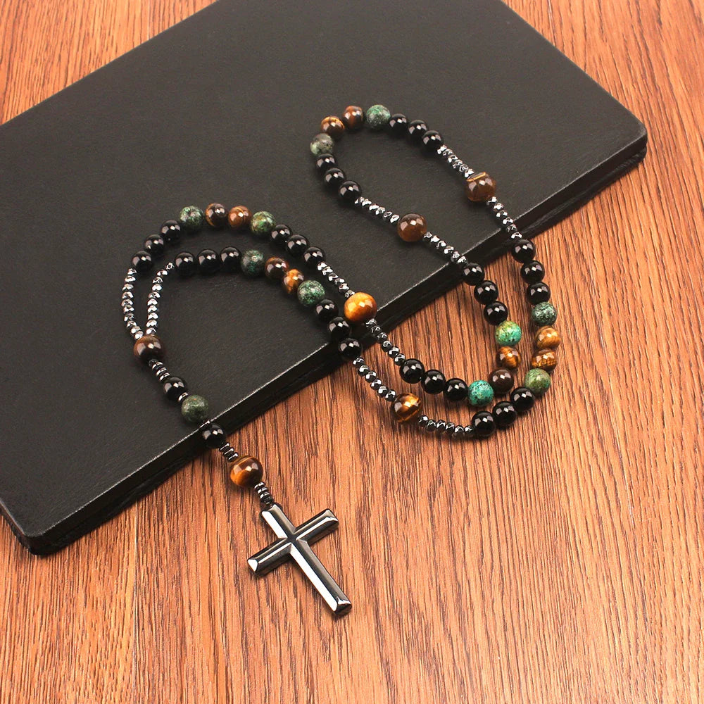 Natural Stone Africa Turquoise and Tiger-eye Beads Cross Pendant Necklace Rosary for Men and Women Vera Lux