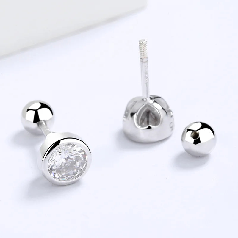 925 sterling silver zircon round bead threaded stud earrings, women's screw twist-off stud earrings, simple and fashion Vera Lux