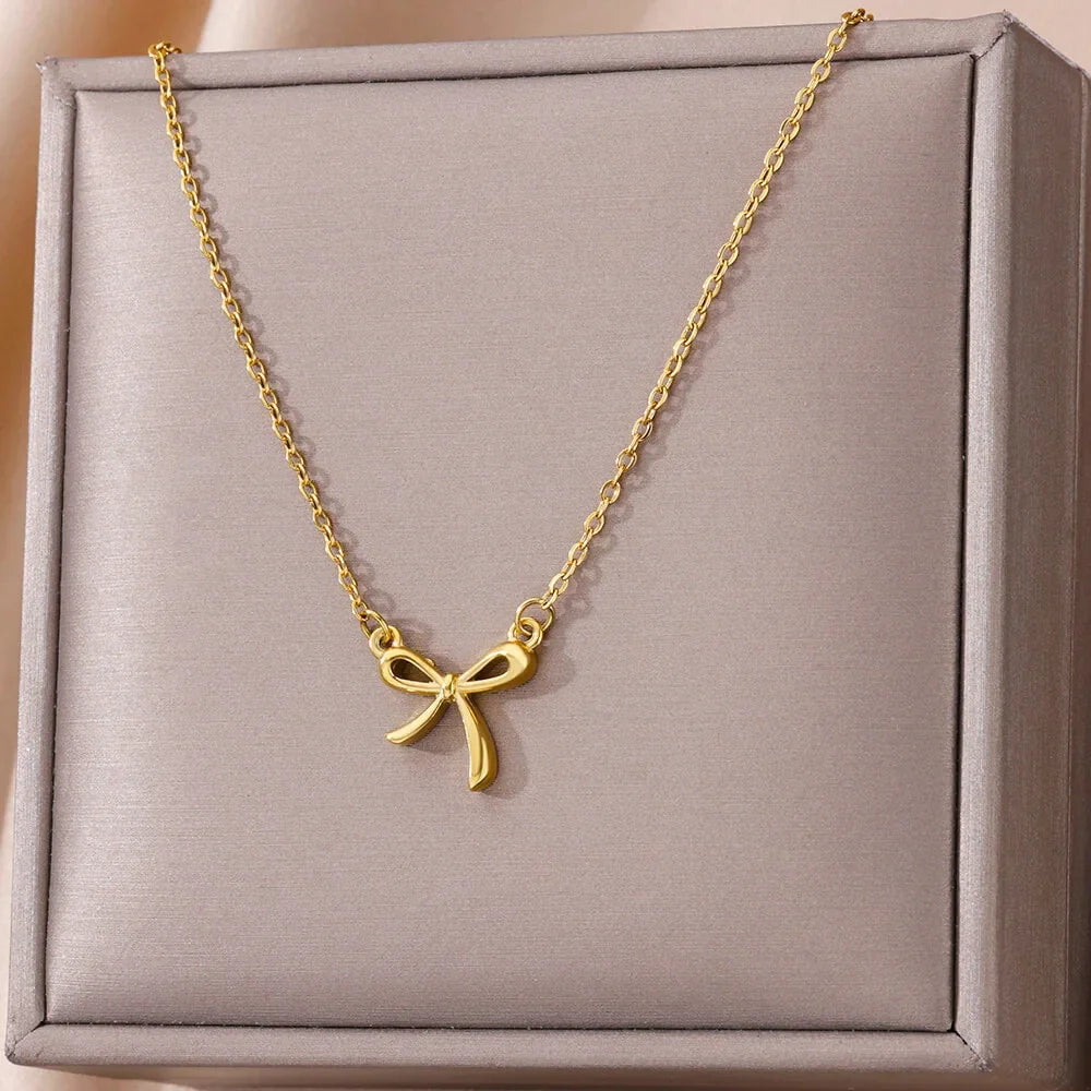 Stainless Steel Bowknot Lucky Necklace For Women Gold Color Korean Necklaces Female Aesthetic Choker Jewelry Daily Accessories Vera Lux