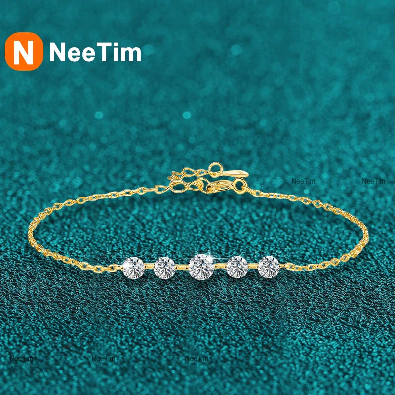 NeeTim Full Moissanite Bracelets for Women S925 Sterling Silver Lab Diamond Plated Gold Bracelet Wedding Birthday Party Jewelry Vera Lux