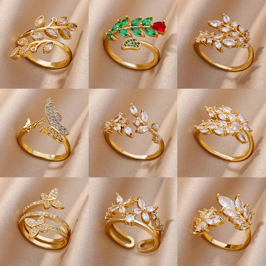 Luxury Rose Flower Zircon Rings For Women Gold Color Stainless Steel Fashion Butterfly Ring 2023 Wedding Aesthetic Jewerly Gift Vera Lux