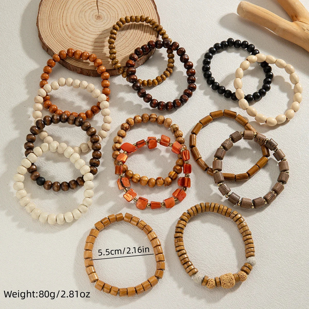 14 piece Bohemian style colorful wooden bead multi-layer layered neutral bracelet set suitable for gift giving Vera Lux
