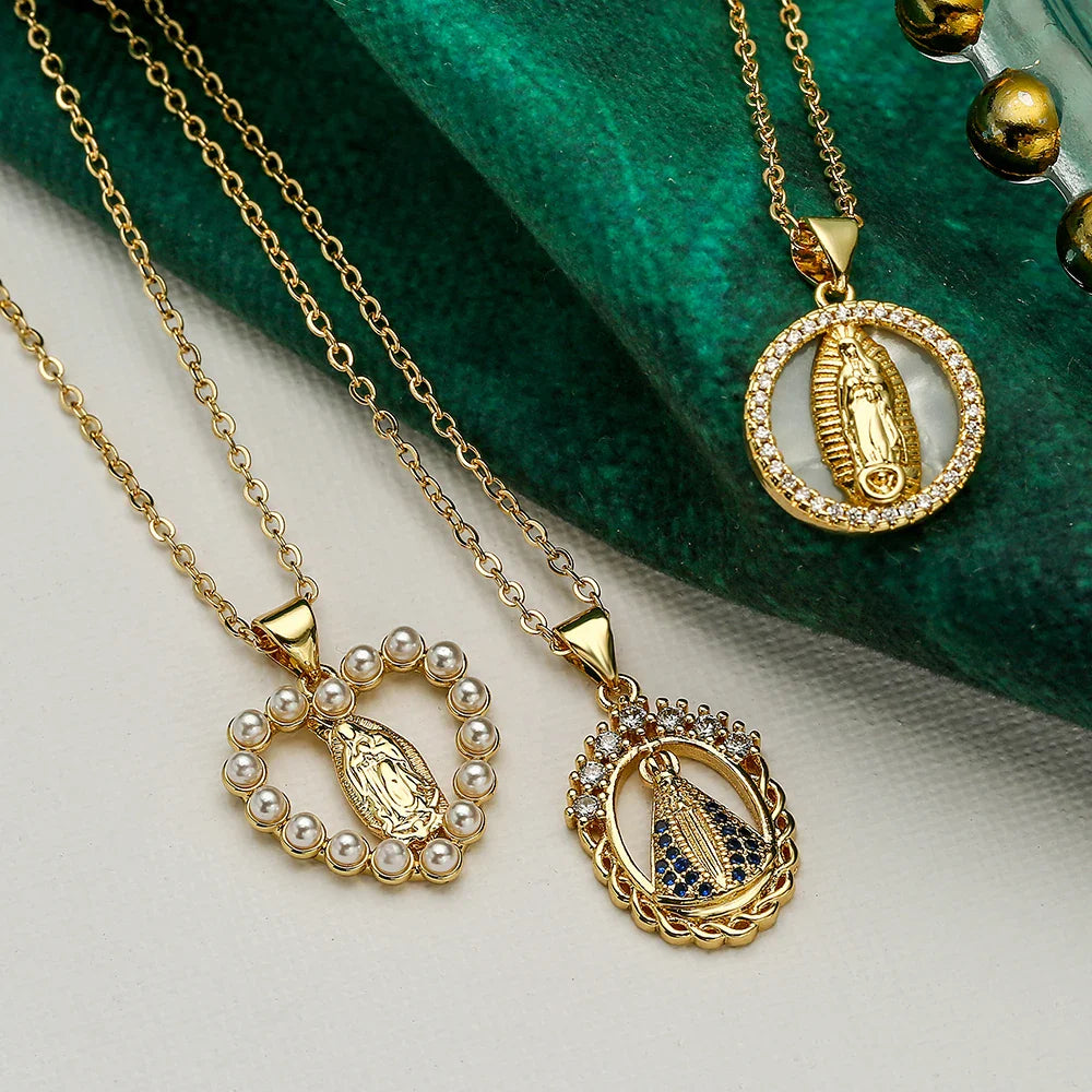 NEWBUY High Quality Women's Religious Jewelry Copper CZ Zircon Inlay Virgin Mary Pendant Stainless Steel Chain Necklace Vera Lux