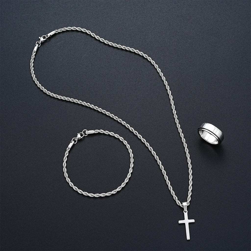 Stainless Steel Simple Jewelry Set For Men Women Fashion Silver Color Cross Pendant Twisted Rope Necklace Bracelets Ring Gifts Vera Lux