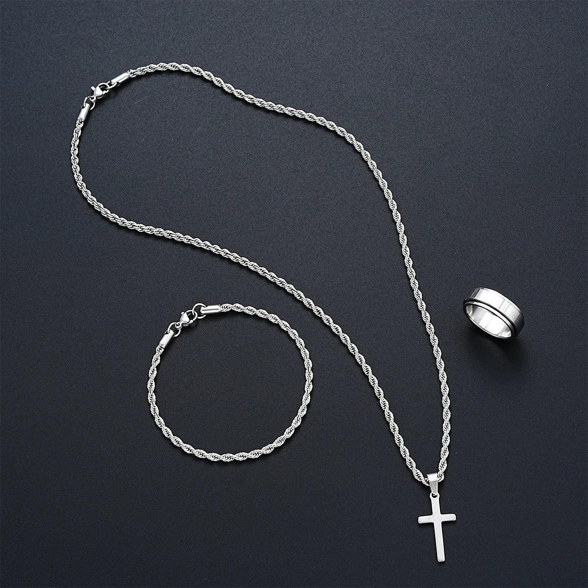 Stainless Steel Simple Jewelry Set For Men Women Fashion Silver Color Cross Pendant Twisted Rope Necklace Bracelets Ring Gifts Vera Lux
