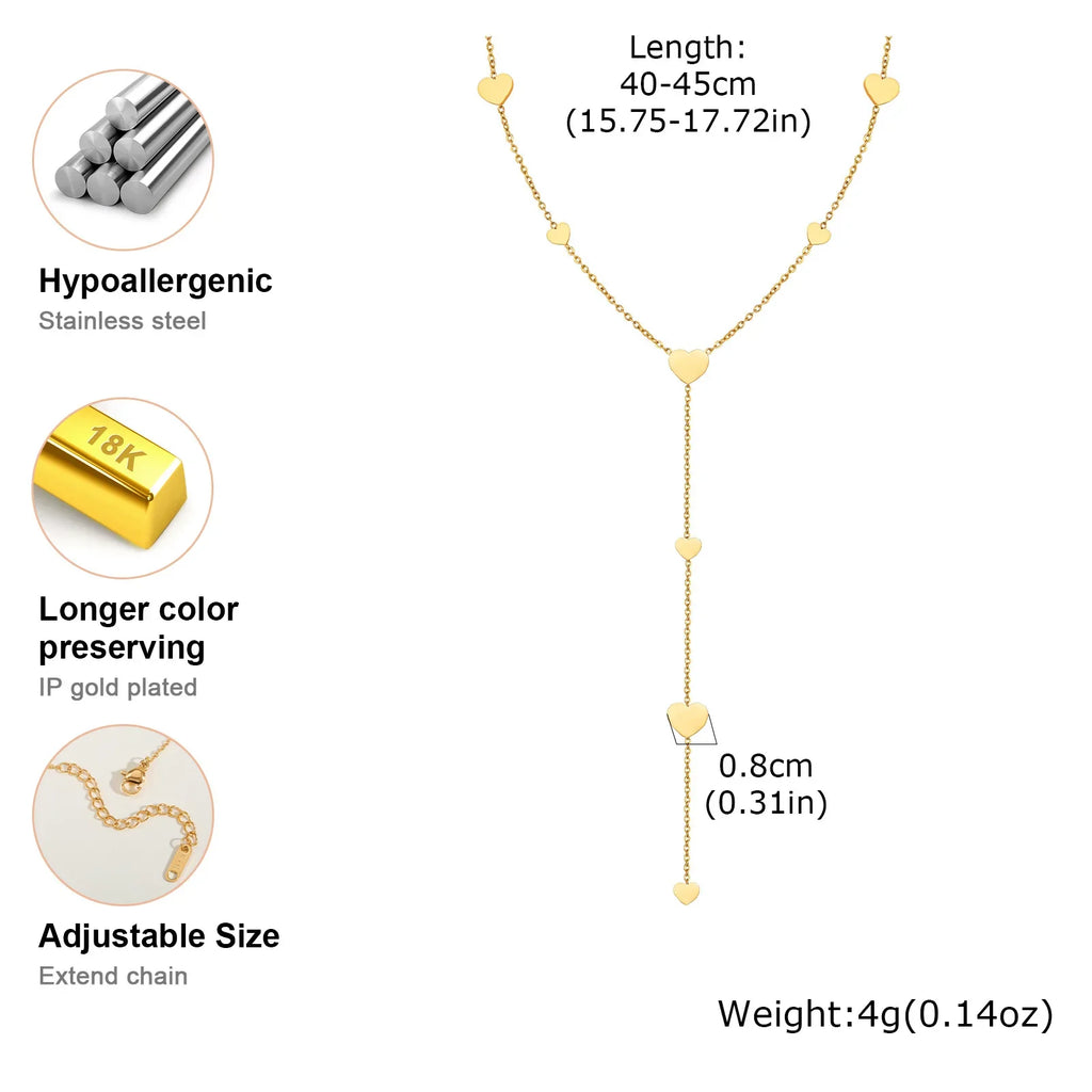 Heart Drop Lariat Chain Necklace For Women, Y Shape Long Chain Stainlss Steel 18K Gold Color  Layered Jewelry Vera Lux