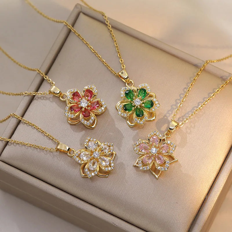 1pc Stainless Steel 5-Petal Flower Necklace With Rotating Pendant For Women Valentines Mom Mother Mother's Day Gift Vera Lux
