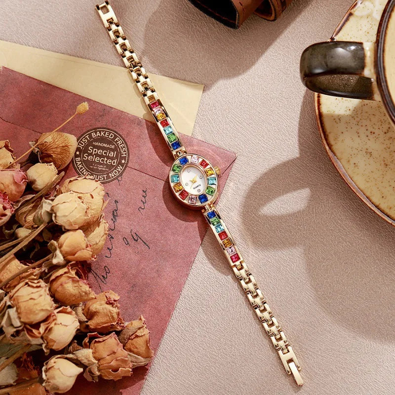Dropshipping Women Quartz Watches New Fashion Rainbow Rhinestone Strap Oval Dial Bracelet Watch Wholesale Wristwatches Reloj Vera Lux